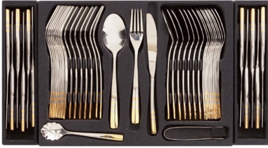 سرویس 98 پارچه ناب استیل دسته طلایی 24 نفره